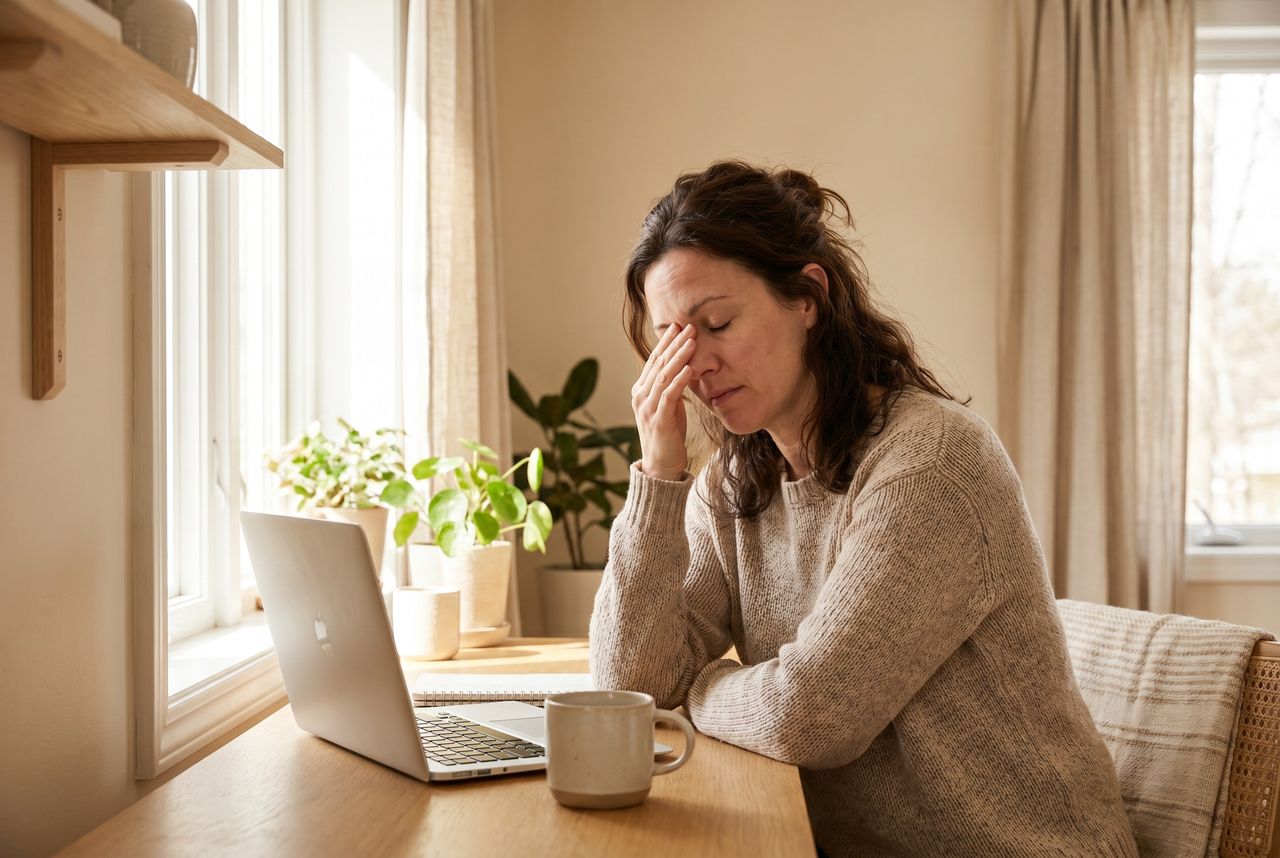 Frau Anfang 40 sitzt am Schreibtisch vor dem Laptop und reibt sich müde die Augen, leere Kaffeetasse daneben